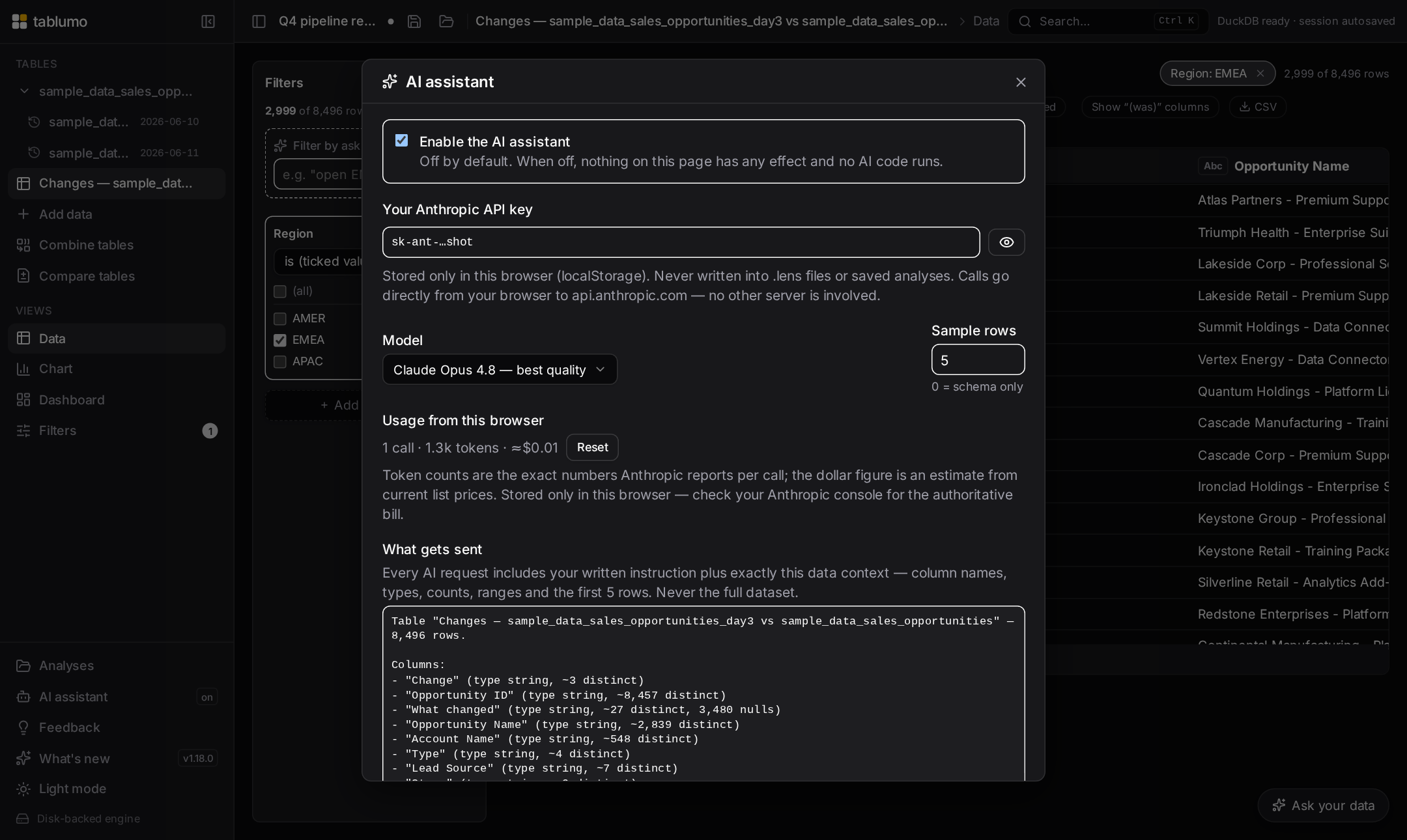 The AI assistant settings dialog with the toggle, masked key and transparency panel