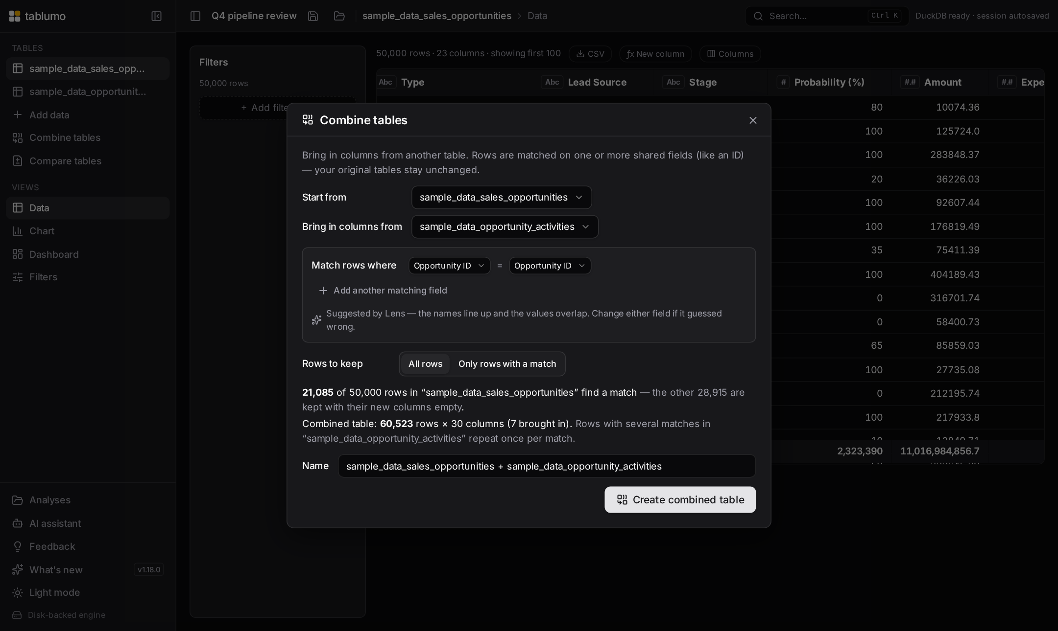 The Combine tables dialog with a suggested linking field and honest match counts