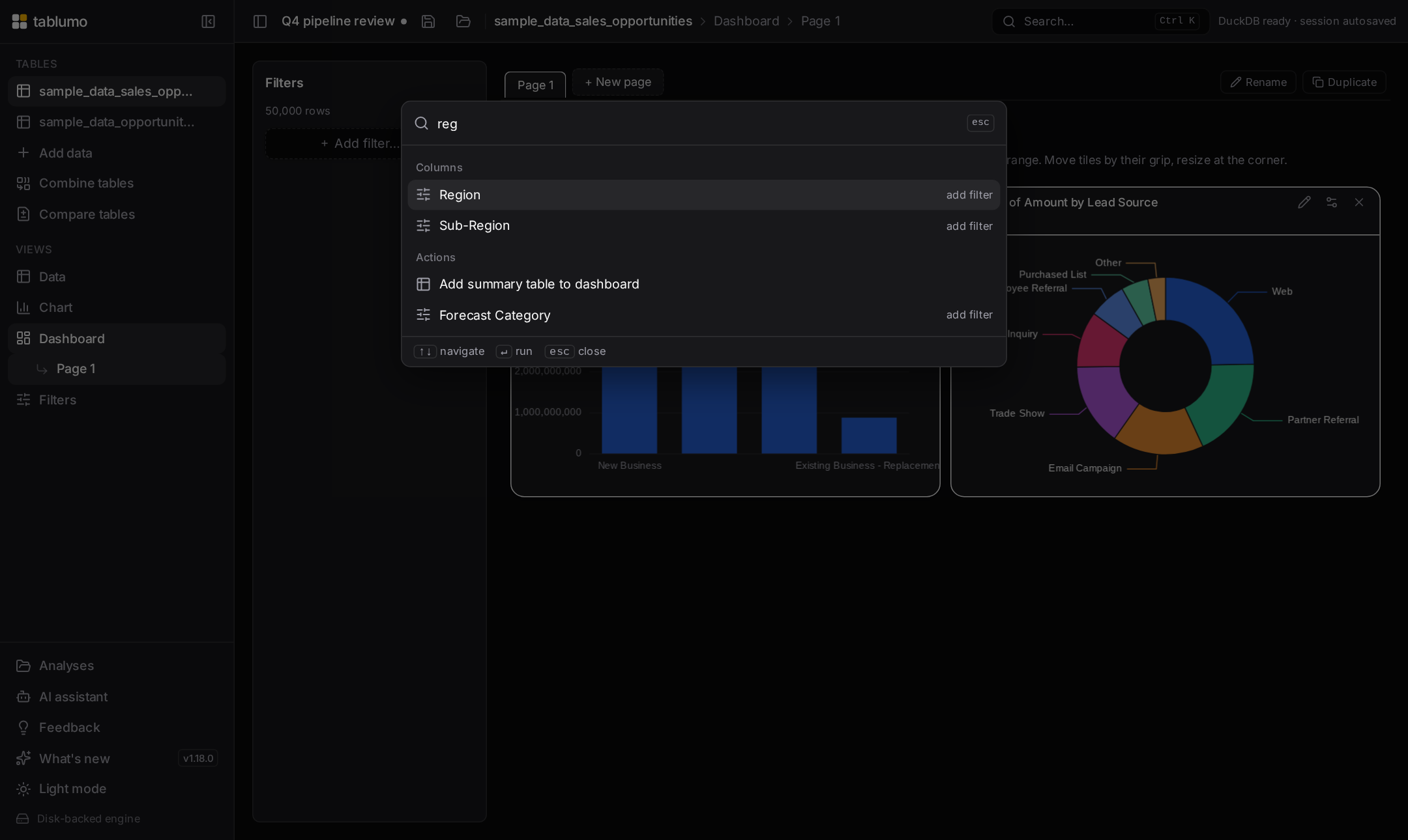 The command palette open over a dashboard, matching columns as you type