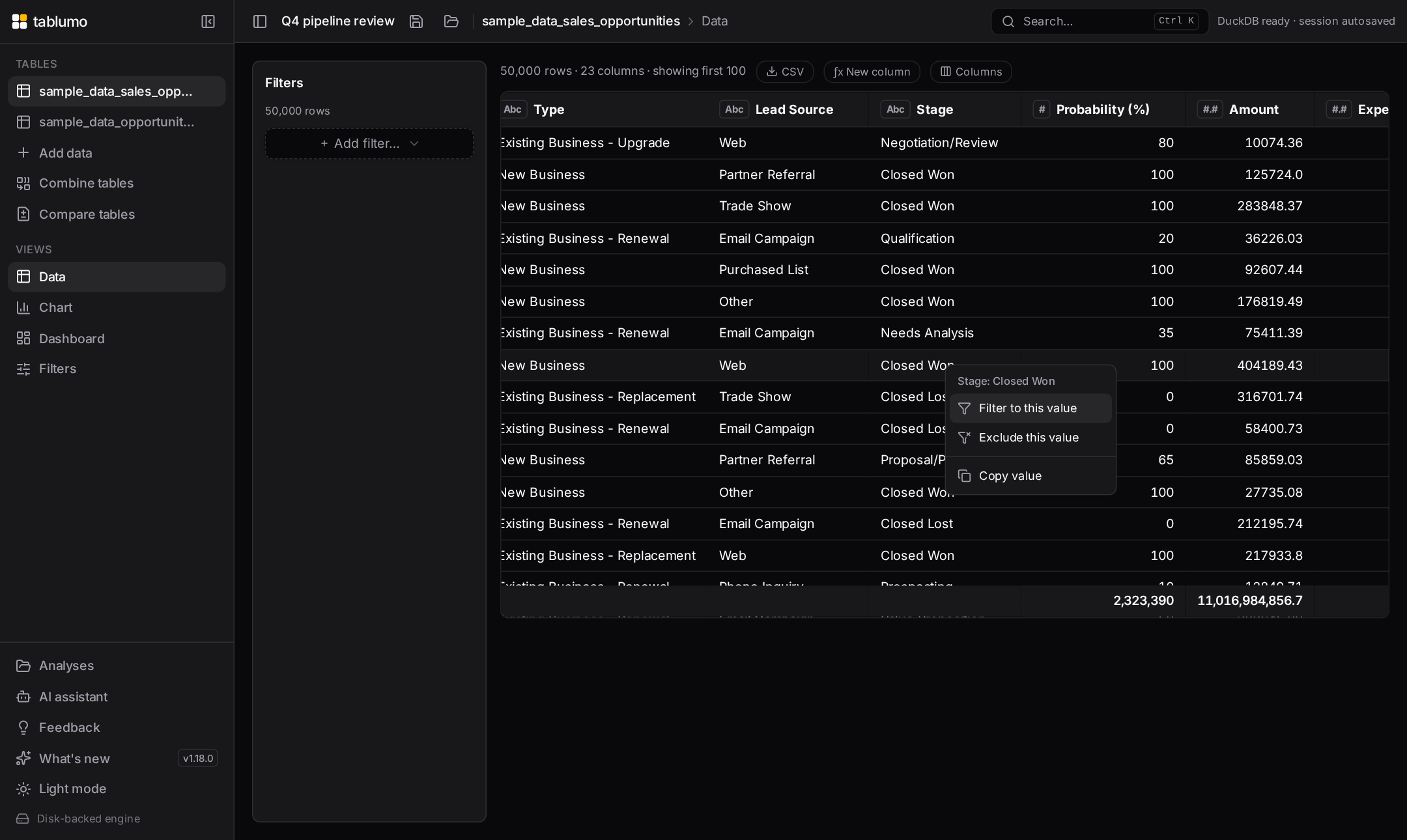 The right-click menu on a grid cell: Filter to this value, Exclude this value, Copy value