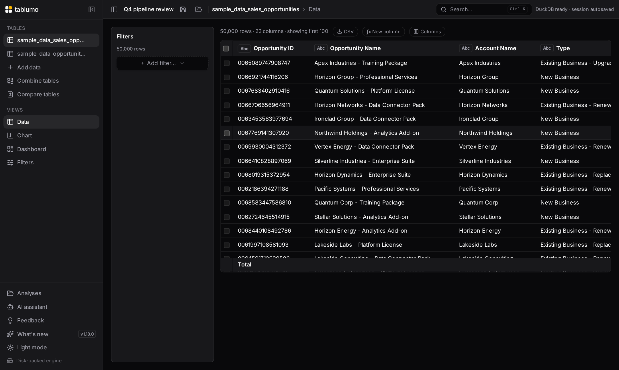 The data grid with typed columns and the filter sidebar