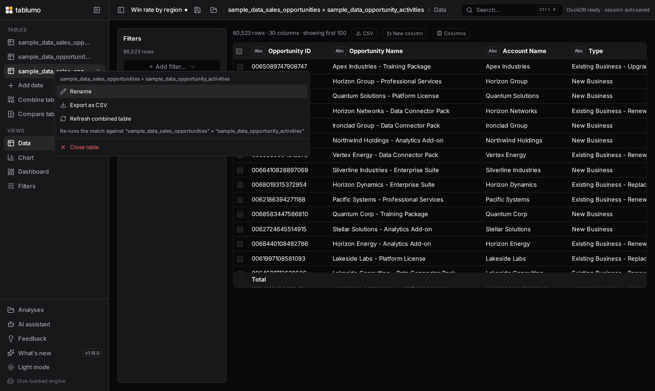The right-click menu on a combined table with the Refresh combined table action