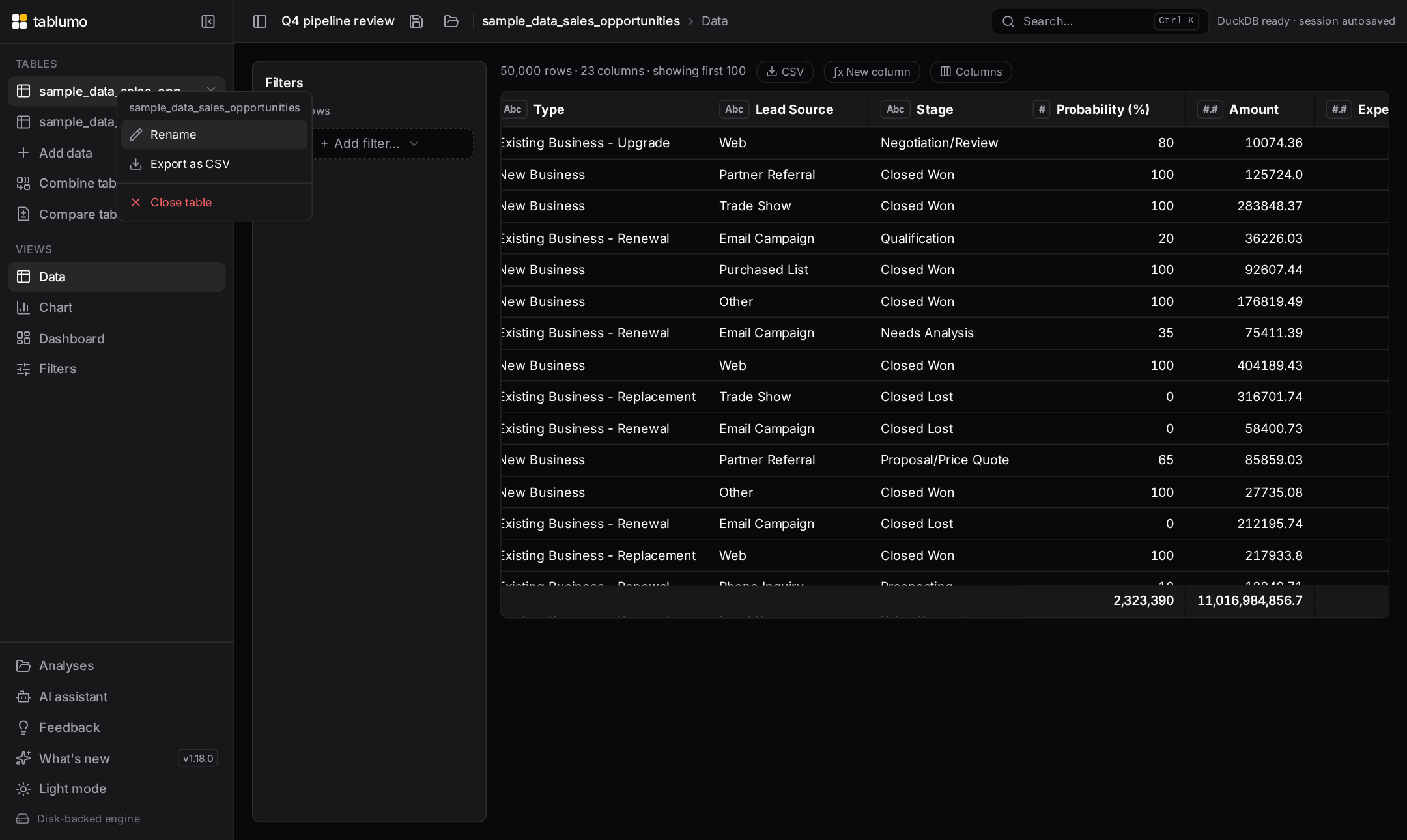 The right-click menu on a sidebar table: Rename, Export as CSV, Close table
