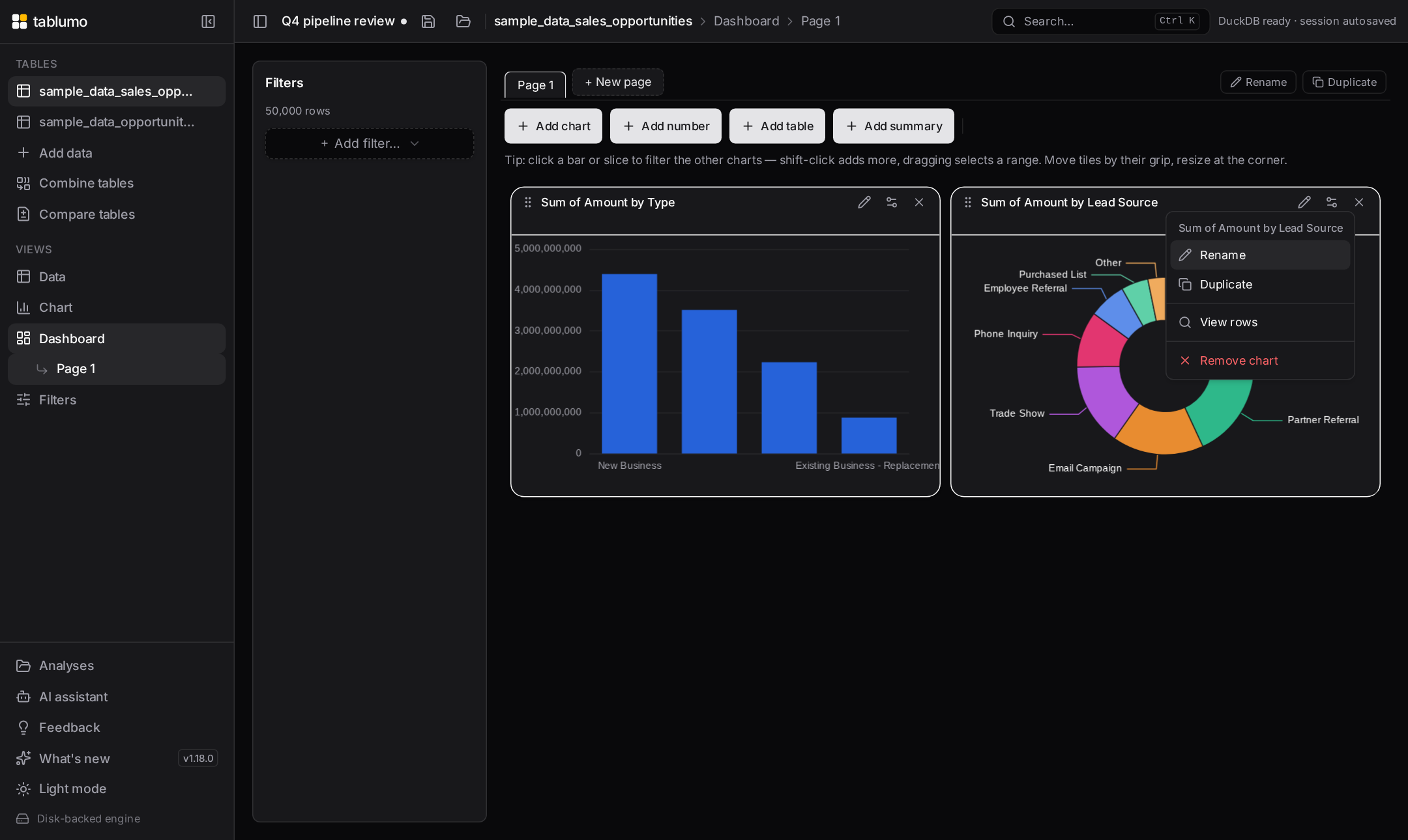 The right-click menu on a dashboard tile: Rename, Duplicate, View rows, Remove
